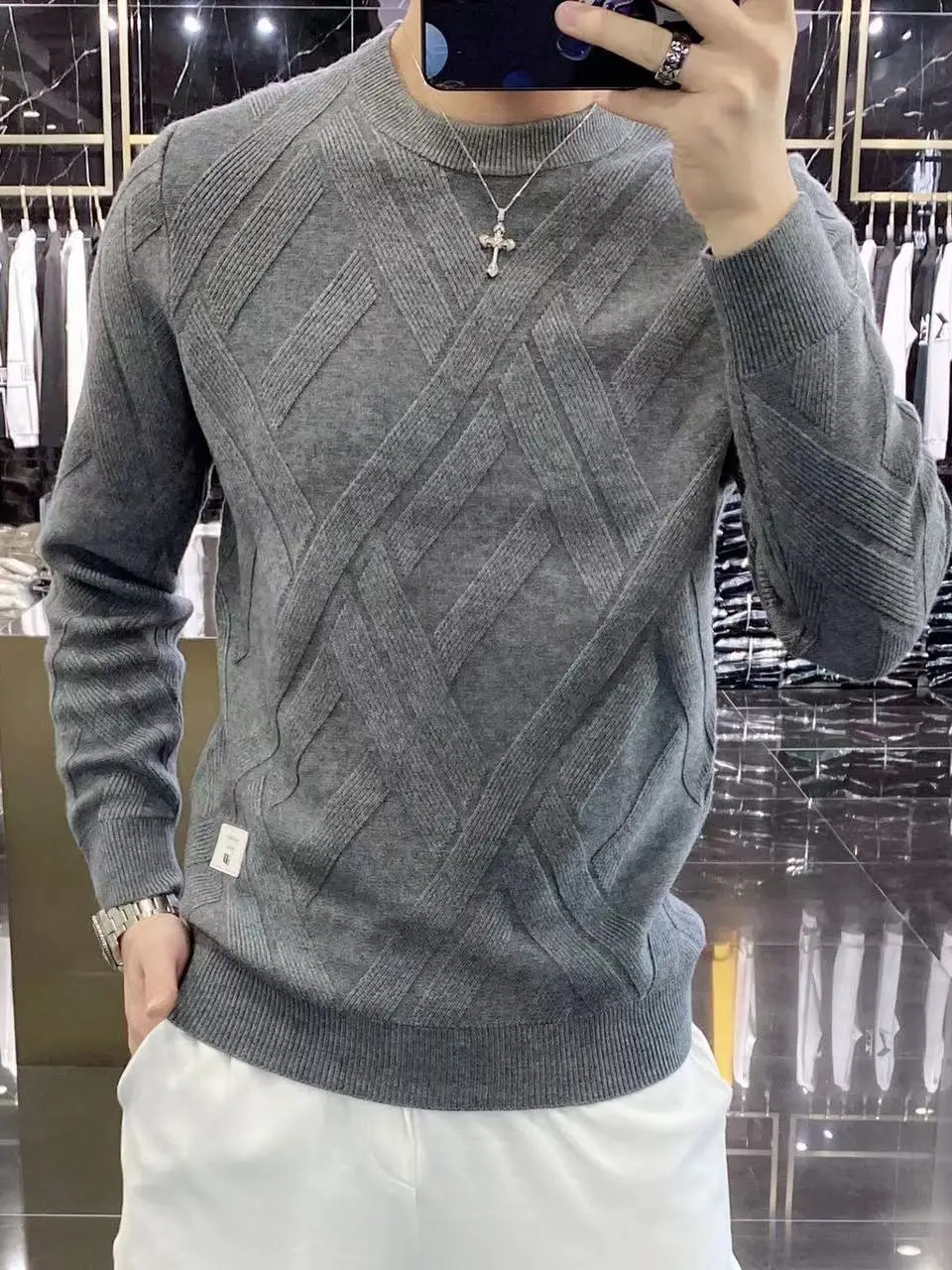 

Мужской зимний утепленный шерстяной вязаный свитер: модный приталенный теплый джемпер с круглым вырезом, базовая модель для молодежи, повседневный городской стиль