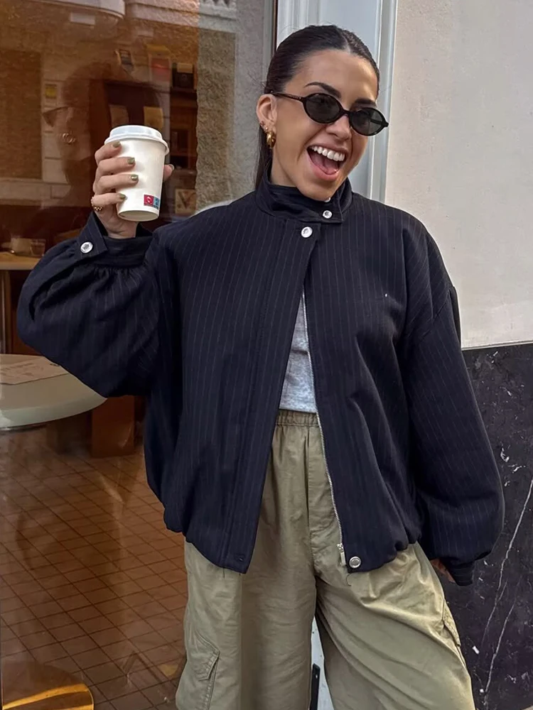 

Women Pinstripe Bomber Jacket 2026 Spring Long Sleeve Stand Collar Women's Coat Zipper Loose Female Casual New Outerwear