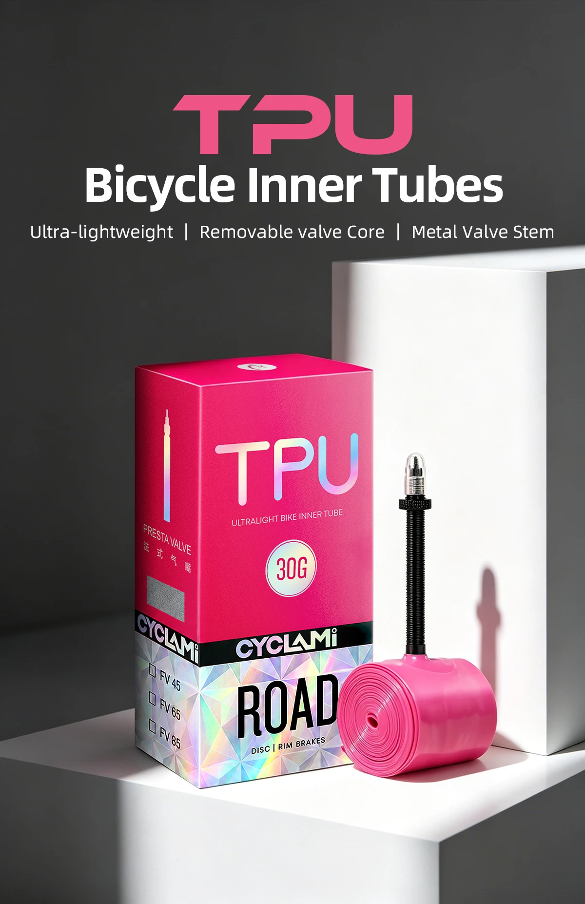 10 Stück CYCLAMI Fahrrad-Schlauch mit Edelstahlventil, französisches Presta-Ventil, pinkes TPU, für Rennradreifen 700C 700 X 18 23 25 28 30 32 C – Detail 2