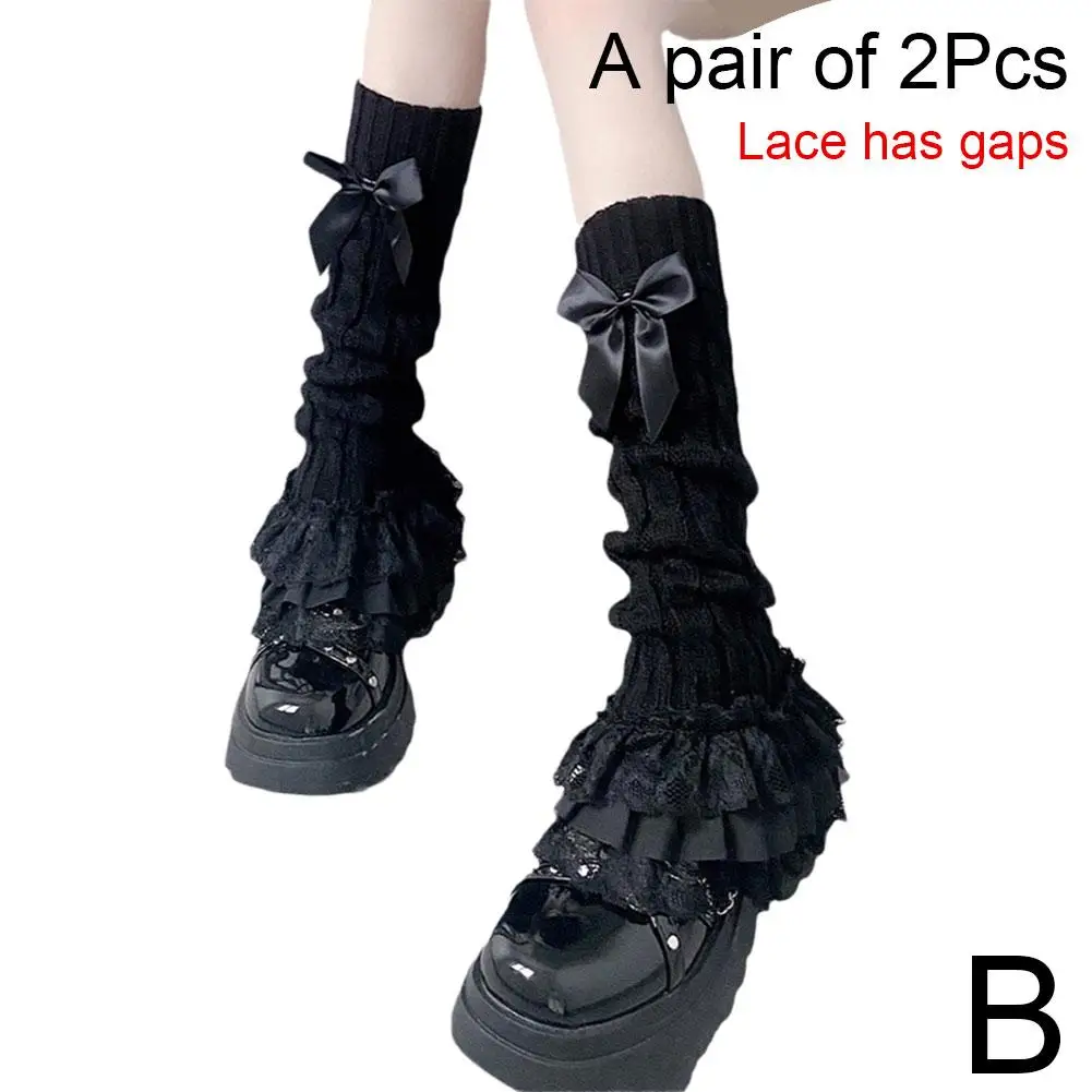 Japanische Damen-Strickbeinwärmer mit Schleife, gestufte Rüschensocken, Mädchen-Lolita-Socken, Wadenlange T-förmige Spitzen-Beinwärmer für Damen – Detail 11