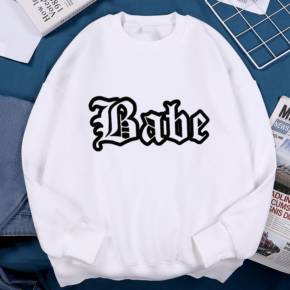 Hollow Font Design Babe Print Men Women Hoodie Casual Fleece Sweatshirt Hip Hop Pullover Clothing Crewneck Loose Hoodies Couple