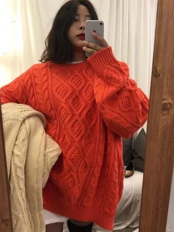 Women's Loose Long Knitted Sweater Autumn Winter Outerwear Thiened Over-sized Crew Ne Pullover Faionable Casual Sle