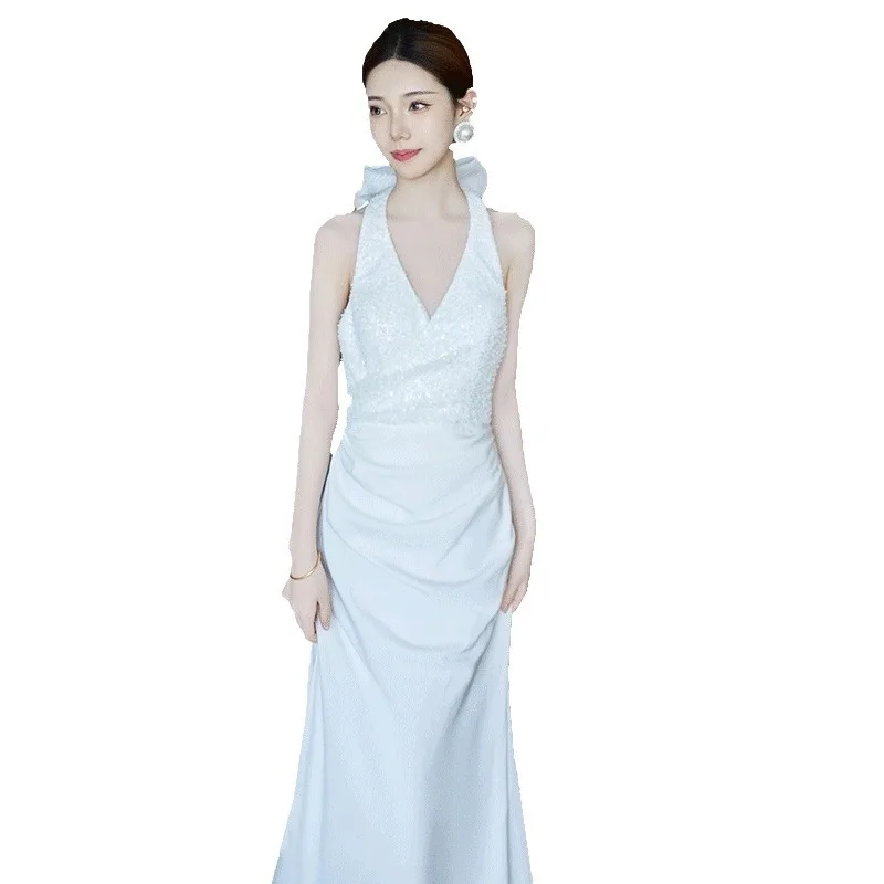 Легкое свадебное платье во французском стиле, атласное нишевое платье для невесты, элитное утреннее платье с лямкой на шее и открытой спиной, уличное платье с вуалью и воротником с пайетками