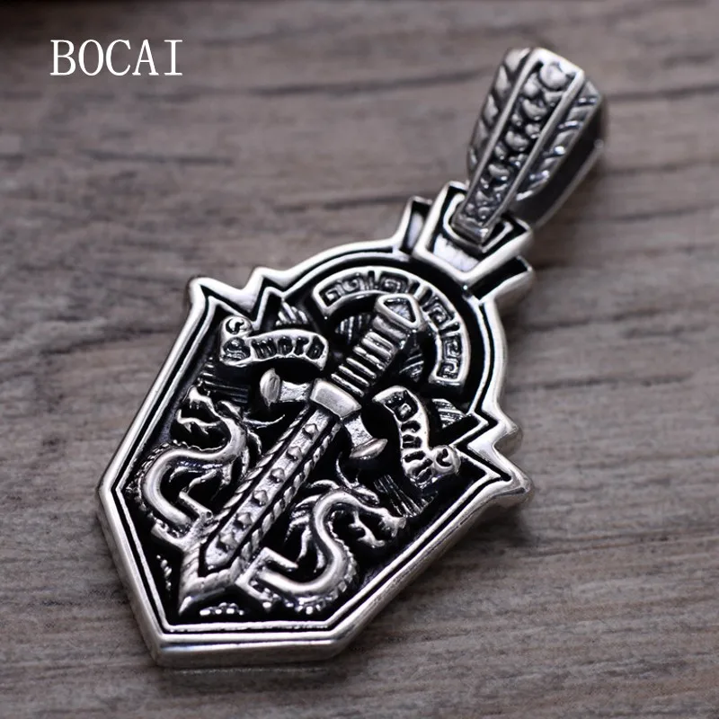 

BOCAI New S925 Silver Jewelry Accessories Retro Double Dragon Sword Shield Men's Personality Pendant