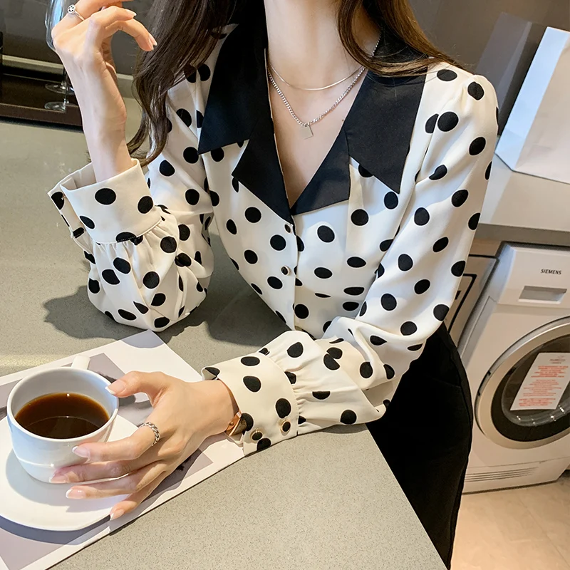 Casual Print Polka Dot Chiffon Blouses Women 2024 Spring Long Sleeve Ladies Tops Peter Pan Collar Shirt Clothes