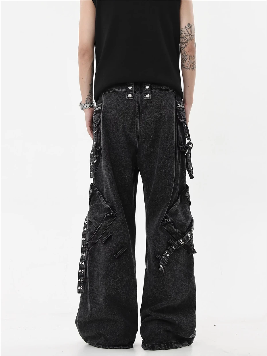 Zipper Design Jeans Mens Streetwear Punk Y2k Denim Trousers Men Harajuku Side Pockets Baggy Hip Hop Wide-leg Pants Male
