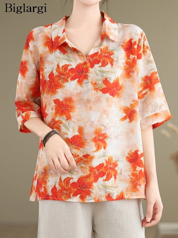 

Oversized Summer V-Neck Pullover Tops Women Floral Print Fashion Loose Pleated Casual Ladies Blouses Short Sleeve Woman Tops