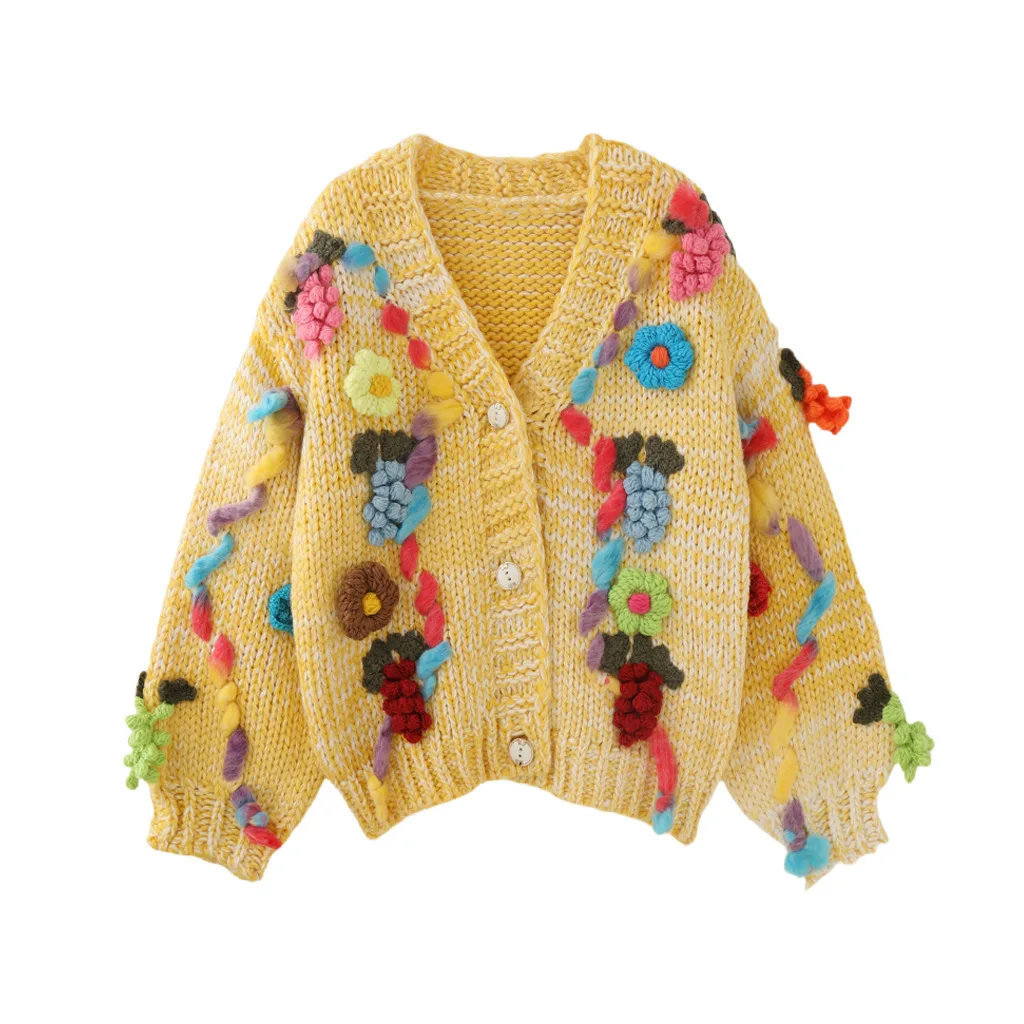 

2025 праздничный богемный вязаный кардиган ручной работы с толстыми иглами, трехмерный вязаный крючком виноградный свитер с v-образным вырезом, толстое теплое пальто