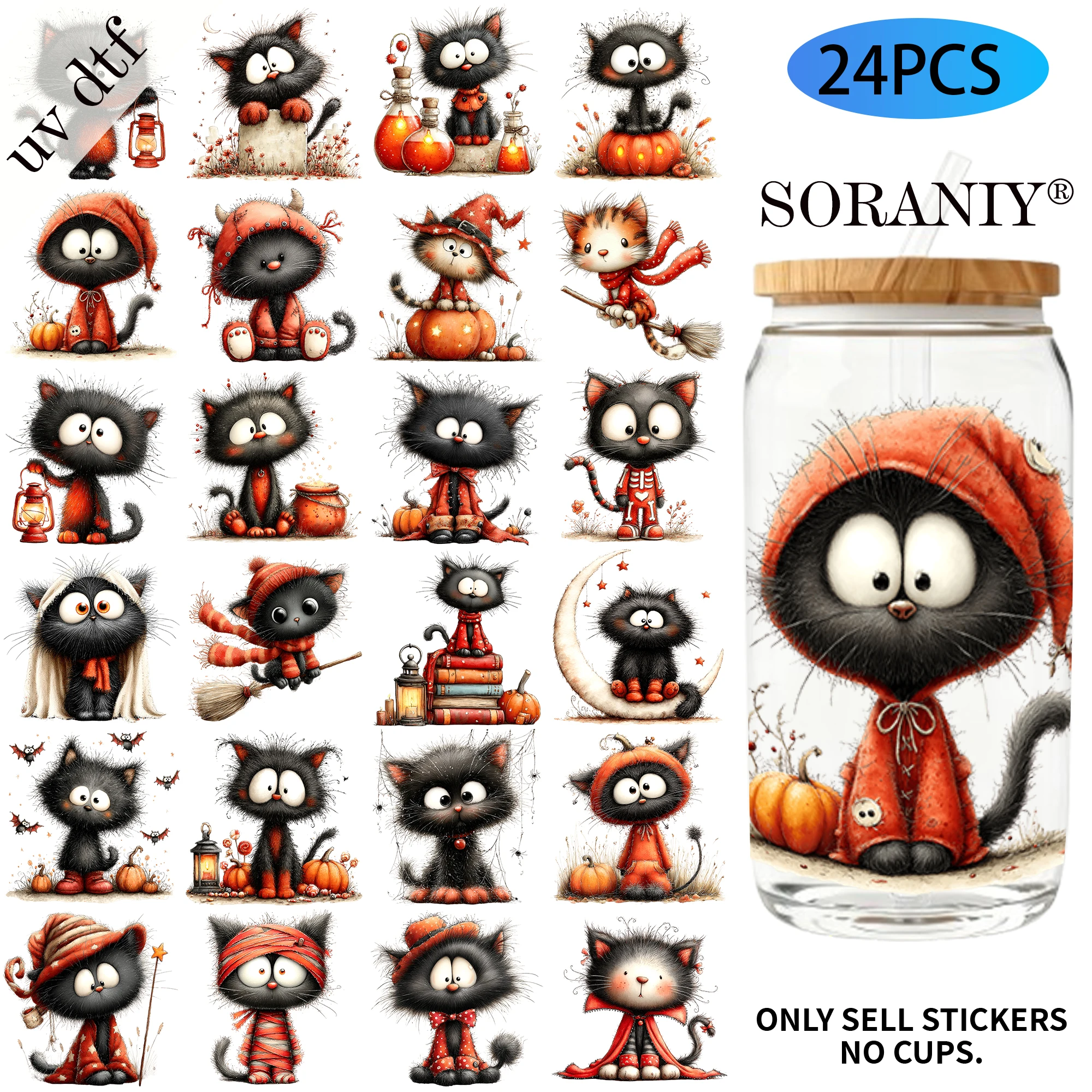 24PCS/Set Cute Halloween Black Cat Graphics Themed UV DTF DIY 16OZ Transfer Stickers Water Bottles Glass Bottles Laptops Home De