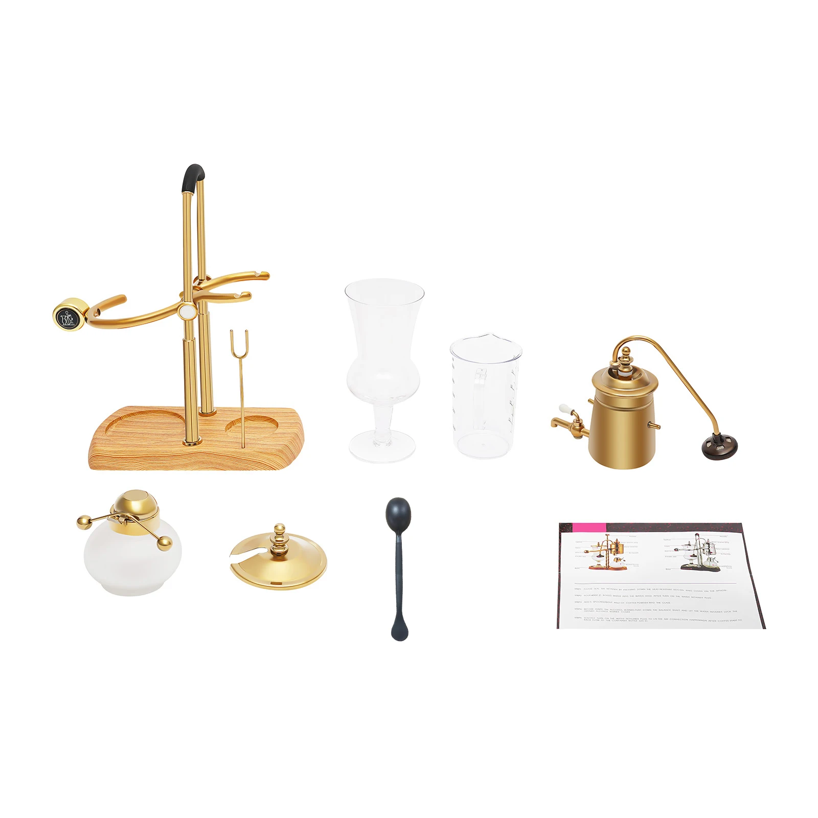 Stovetop Coffee Brewing Equipment for Home Kitchen, Coffee Shop, Beverage Store, Manual Titanium Electroplated Glass Vacuum Brewer with Alcohol Burner, Retro Gold Balance Siphon Coffee Maker 400ml