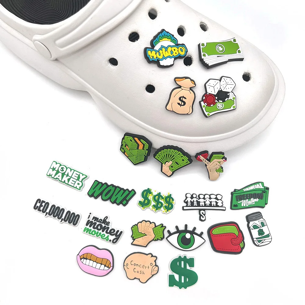 1/21Pcs Money Dollar Rich Theme Rubber Shoe Charms For Slides Sandals DIY Custom Accessories PVC Clog Decor Hustle Culture Gift