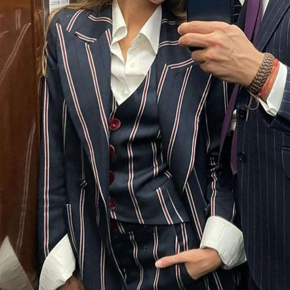 

Women Pants Suit Striped 3 Piece Work Outfit Office Wear Trousers Blazer Wide Peaked Lapel Set Casual Professional Clothing