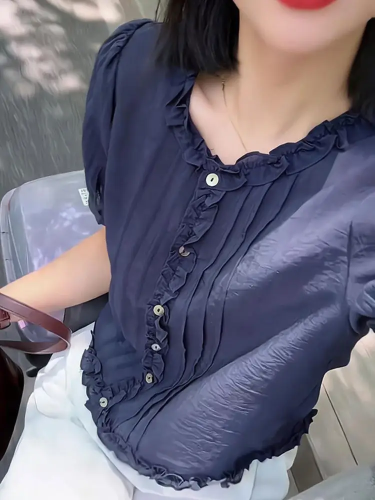 

Blue Ear Flower Trim Splice Short Sleeve Top Women Summer 2026 Trendy Anti-Aging Slimming Beautiful Small Shirt Korean Style