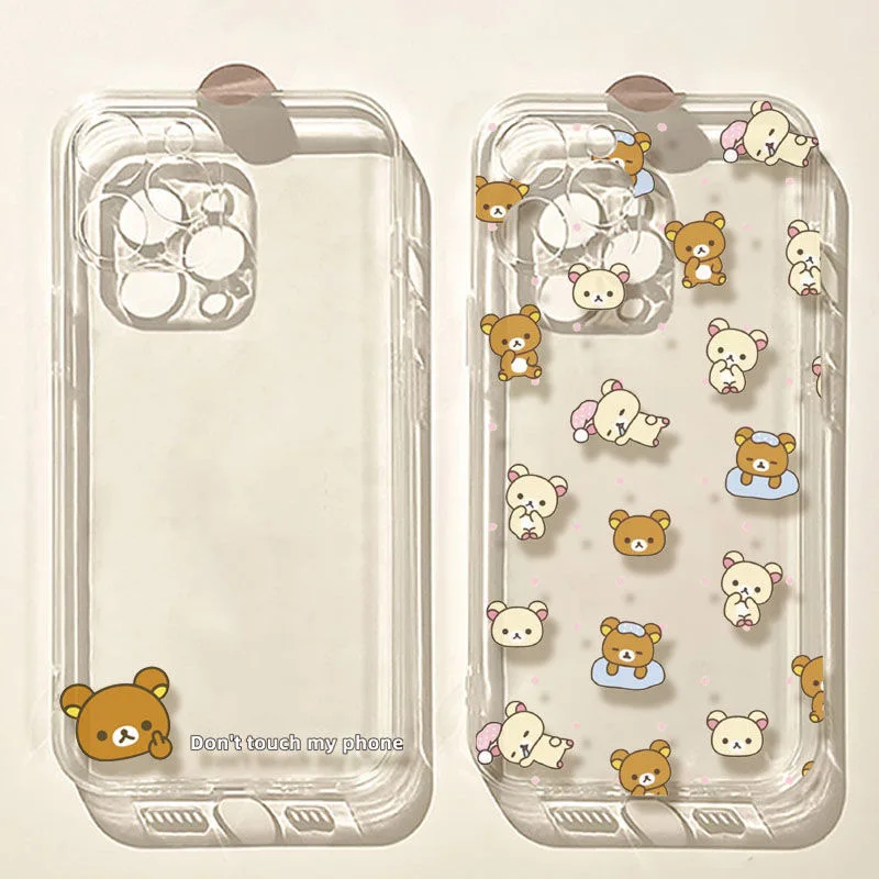 Full Screen Cute Rilakkuma Bear Phone Case For iPhone 16 15 14 13 12 11 Mini Pro Max X XR XSMax 7 8 Plus Transparent Soft Back