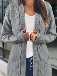 Solid Cable Knit Cardigan, Casual Open Front Long Sleeve Sweater, Women's