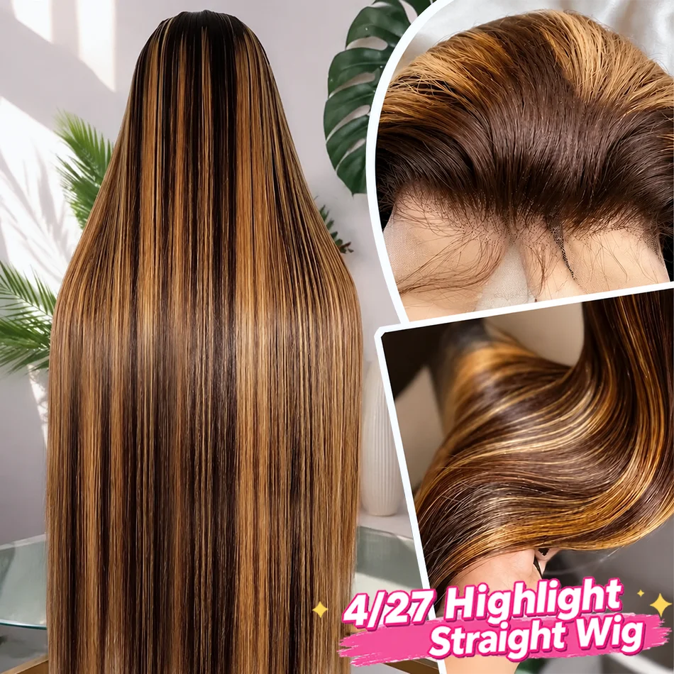 250% Density 4/27 Highlight Straight Ombre Pre Colored Lace Front Wig Human Hair 13x6 HD Transparent Lace Front Wig Human Hair Pre Plucked For Women