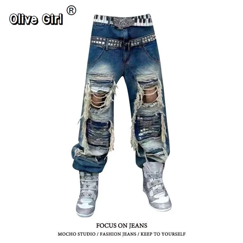 Olivegirl Summer Women's Baggy Jean Grunge Hole Ripped Denim Pants Y2K Japanese Abi Harajuku 2000s American Retro Wide Fit Punk