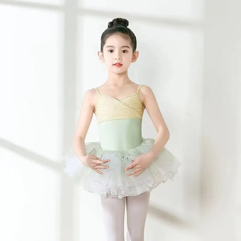 Girls Ballet Dance Dress Kids Child Sleeveless Stitching V-Neck Gymnastics Leotard Practice Professional Stage Dance Wear