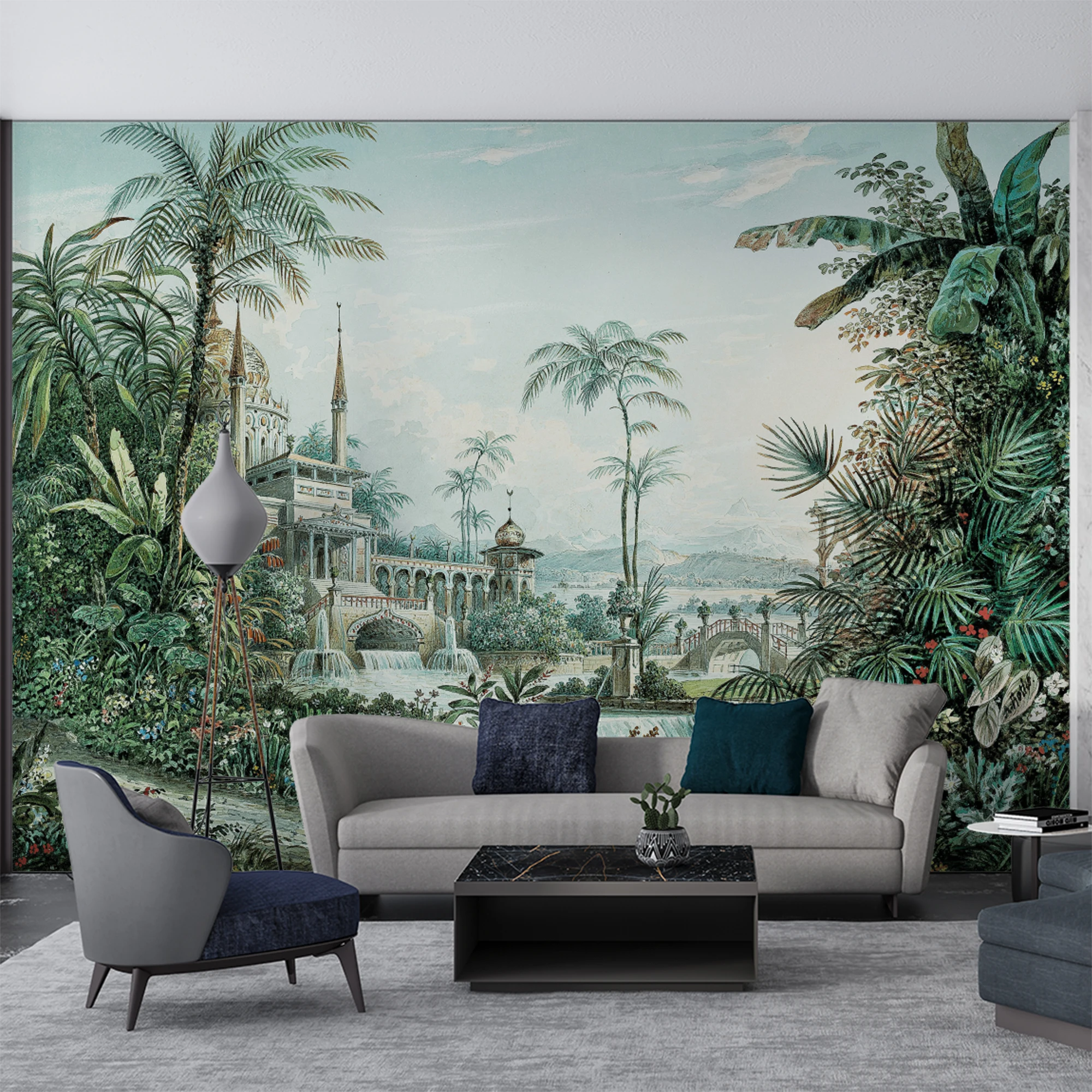 Custom Self‑Adhesive Wall Mural Vintage Oriental Palace Tropical Garden Scenery Wallpaper for Living Room Bedroom Home Decor