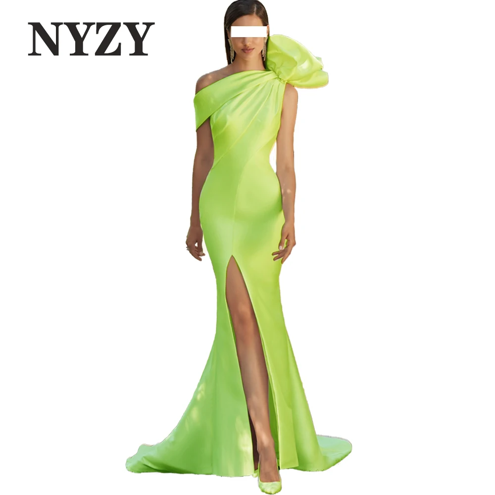 

New One-Shoulder Yellow Green High Slit Satin Mermaid Prom Dresses 2024 NYZY E431 Party Evening Gowns