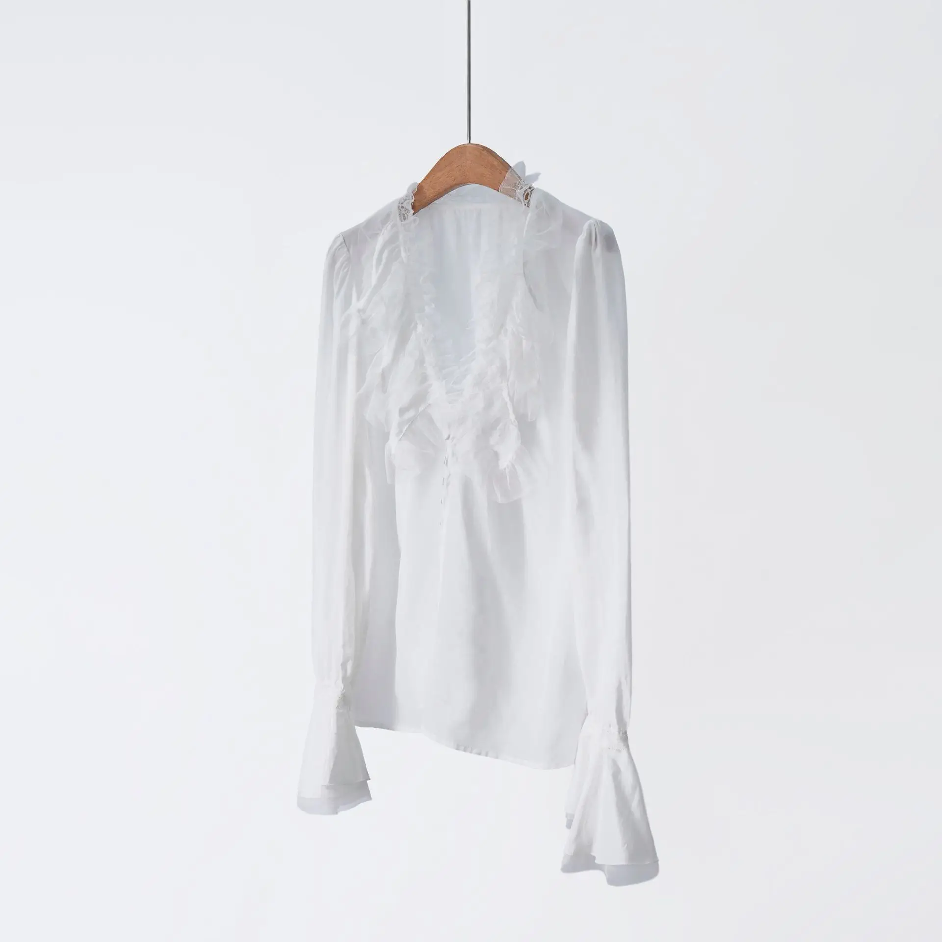 

High-End Purple Label Series Silk Cotton Blend Gentle Wind Lotus Leaf V-neck Bell Sleeve Shirt French Style Straight Cut Long...