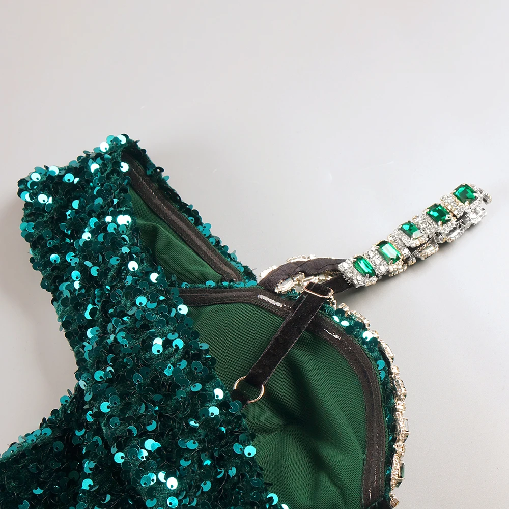 Glamorous Emerald Green Sequin Mermaid Gown Spaghetti-strap Gemstone Cocktail Party Formal Evening Long Dress