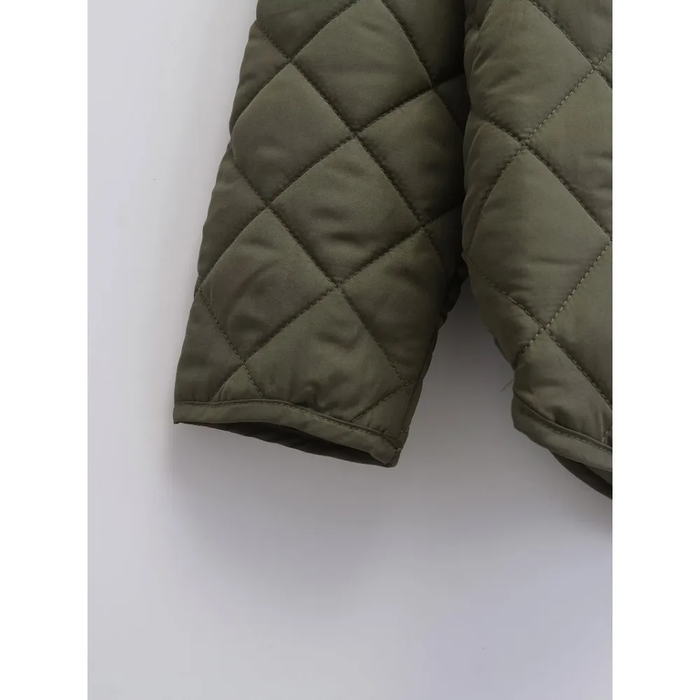 TRAF ZR-Outerwears xadrez com lenço tonal para senhoras, jaquetas acolchoadas com bolsos frontais, Slouchy Loose Parkas, High Street