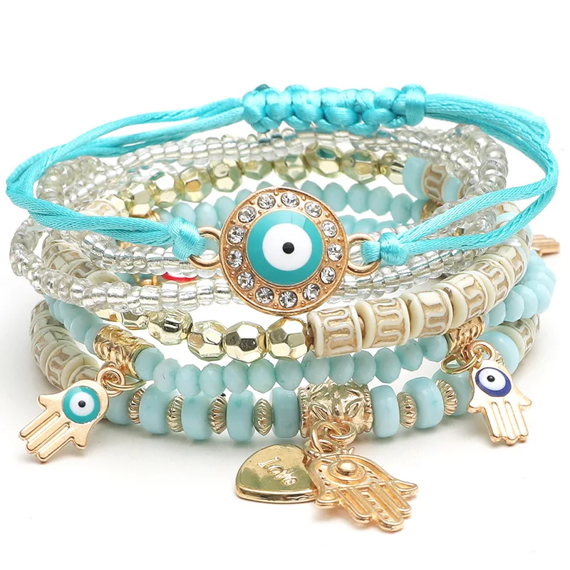 6Pcs/set Bohemian Evil Eye Bracelet Set For Women Fatima Hand Heart Charm Beaded Rope Chain Bangle Female Jewelry Gift