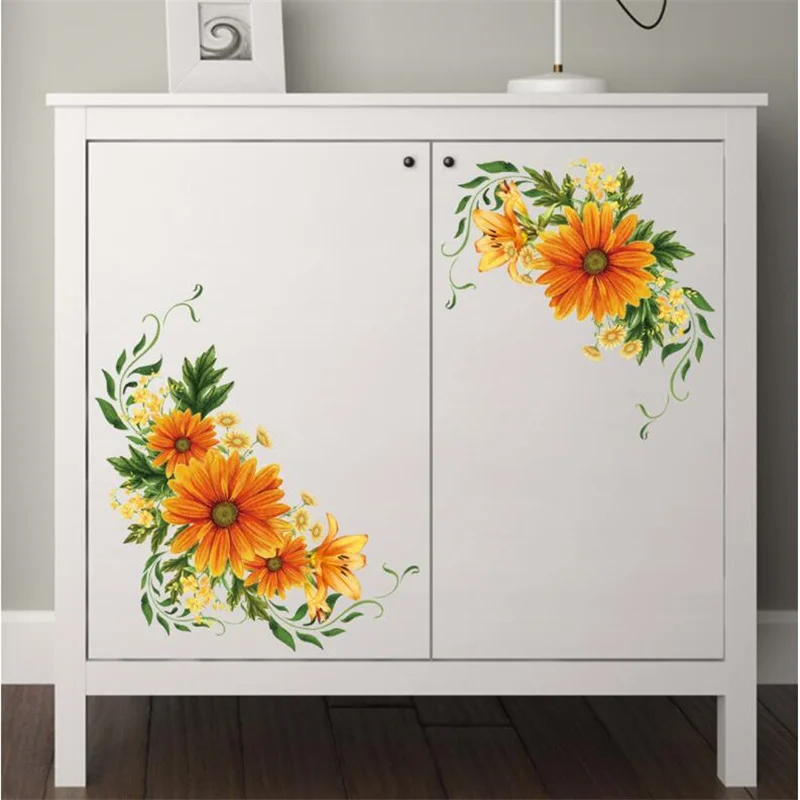 30*30CM Yellow Powder Flower Cluster Window Cabinet Diagonal Wall Sticker On The  Cabinet Decoration PVC Home Mural