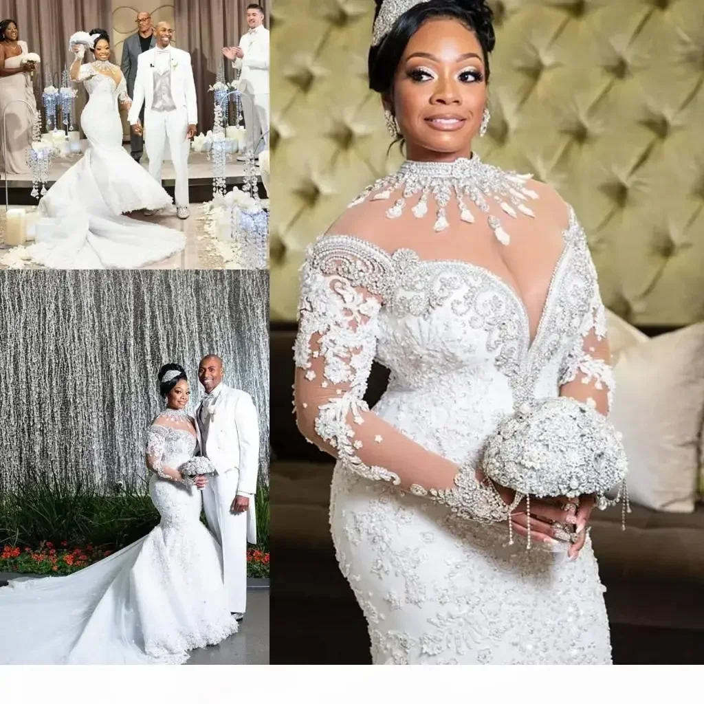 

Customized Plus Size Mermaid Wedding Dresses Long Sleeve High Neck Crystal Lace Floral Azzaria Haute Arabic Dubai Bridal Princes