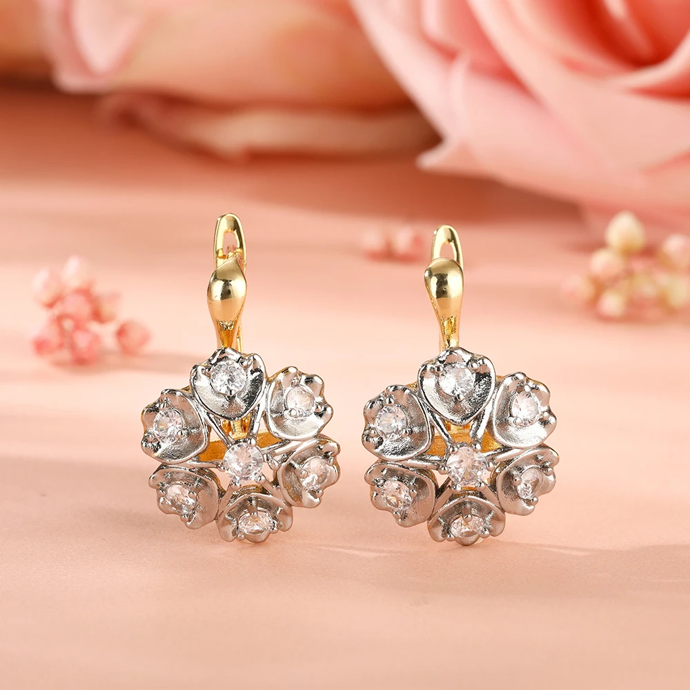 Flower -shaped design two -color vermiculite earrings Copper copper plated 14K gold fashion jewelry elegant party jewelry