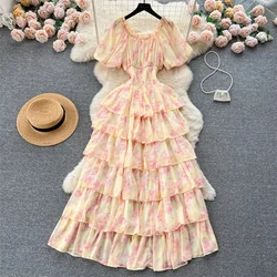 2024 Summer Floral Print Chiffon Women Dress Fashion Large Swing Mesh Birthday Cake Party Dress Femme Long Dresses Vacation