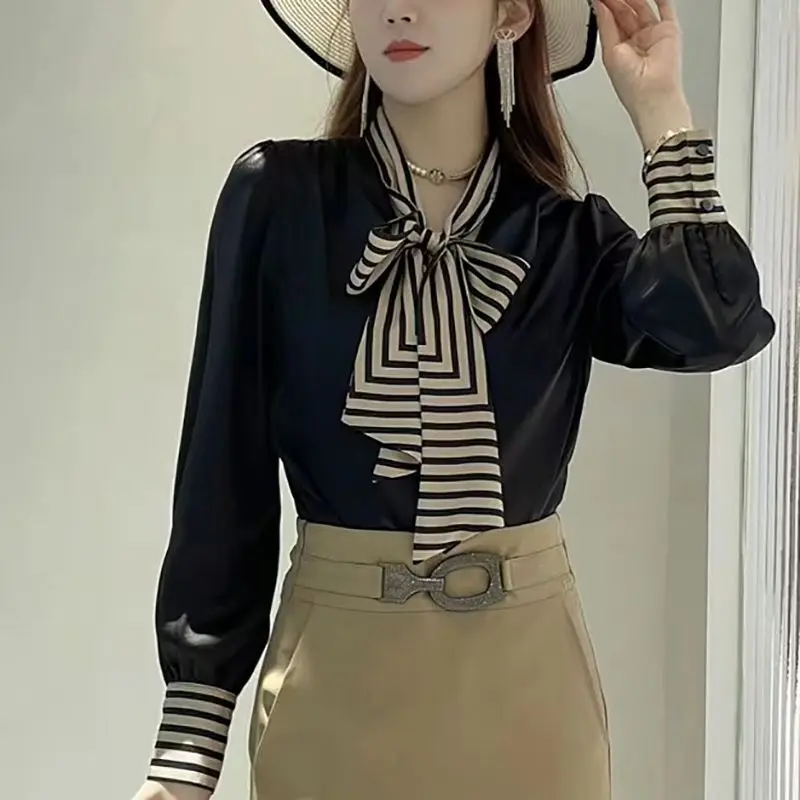 Elegant Bow Drawstring Chiffon Shirt Women\'s Clothing Solid Color Striped Patchwork Spring Autumn Fashion V-Neck Button Blouse