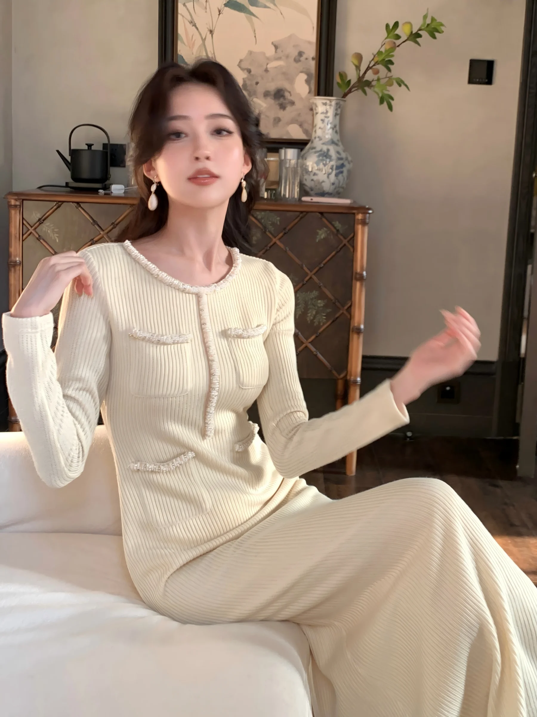 

High Quali Slimming A-Line Knitted Dr V-Ne Long Sve Women's Luxury Sle Ensemble Autumn Winter Faion Casual Wear