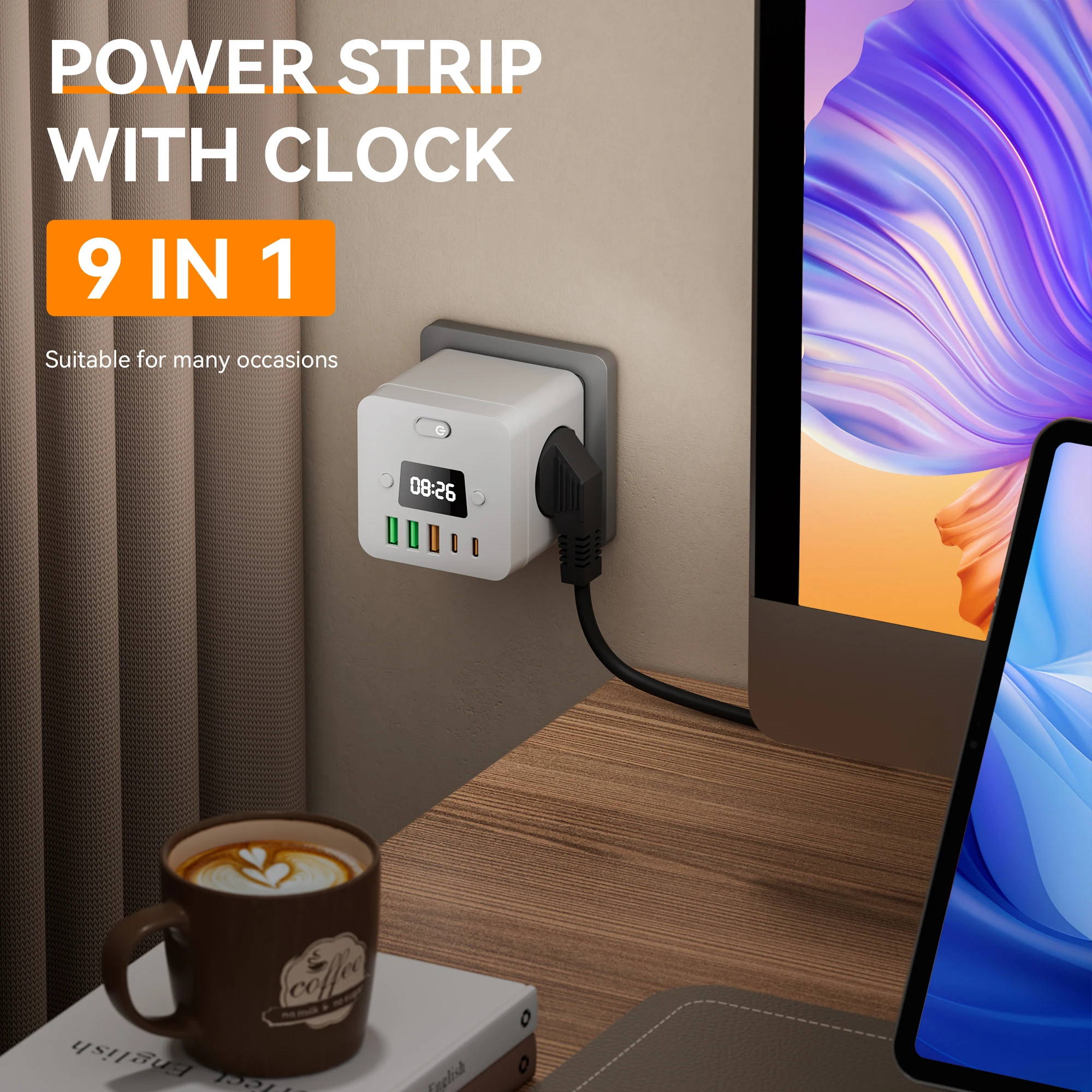 9-in-1 EU Power Strip, Power Strip Surge Protector, 3 AC Outlets 3 USB 2 Type-C, Desktop Charging Station With Overload Protecti