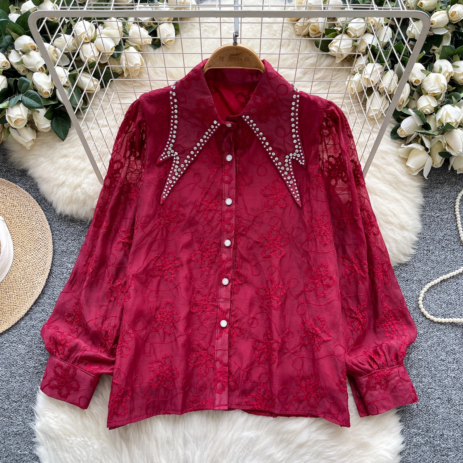 

Vintage Elegant rhinestone lantern sleeve print Blouse Fashion Shirt Casual Chic Top hotsweet Fairy Summer Women Shirt