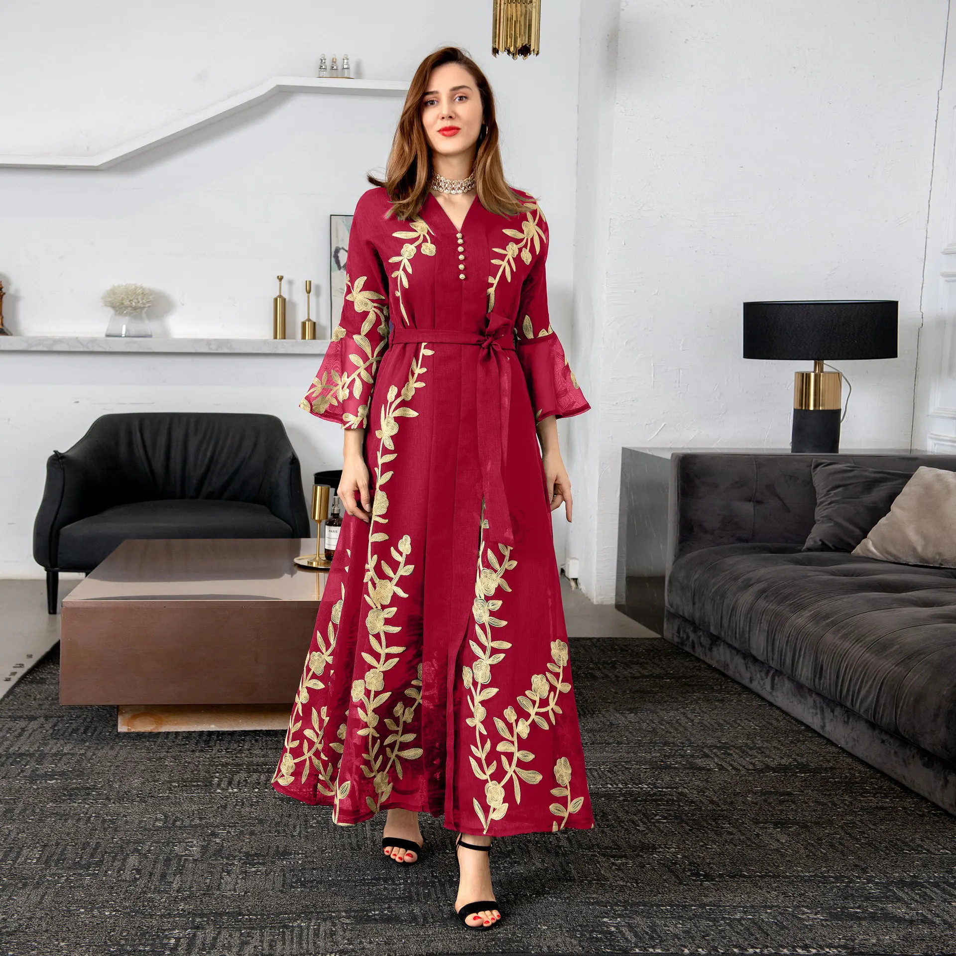 Muslim Mesh Floral Embroidered Abaya Dress for Women Elegant Middle East Arab Oman Dubai Morocco Caftan Evening Party Clothes