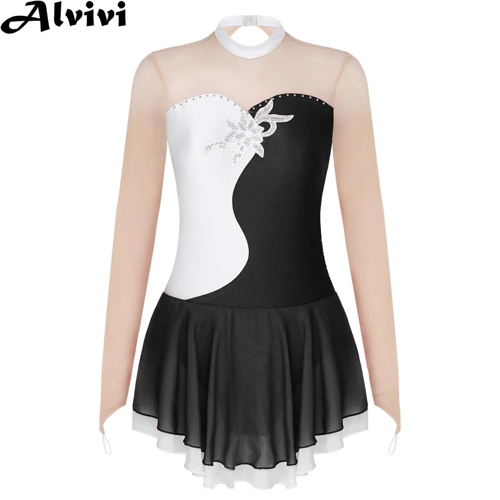 Women Long Sleeve Figure Skating Clothes Lady See-through Mesh Shiny Sequin Ballet Dance Leotard Dresses Performance Dancewear