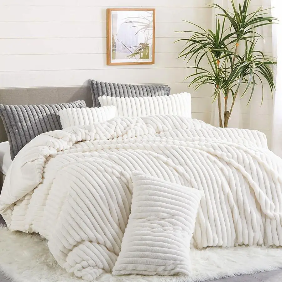 

Пушистый пододеяльник из искусственного меха, размер Queen, вельветовый фланелевый, белый в полоску, двусторонний, зимний, теплый, 3 предмета, роскошный, мягкий, шелковистый
