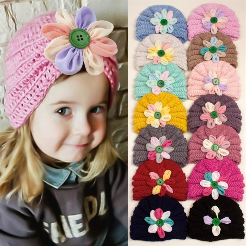 

New Baby Hat Baby Girls Button Flower Turban Hat Knitted Winter Warm Newborns Bonnet Solid Colour Kids Beanie for 0-2Y Baby Cap