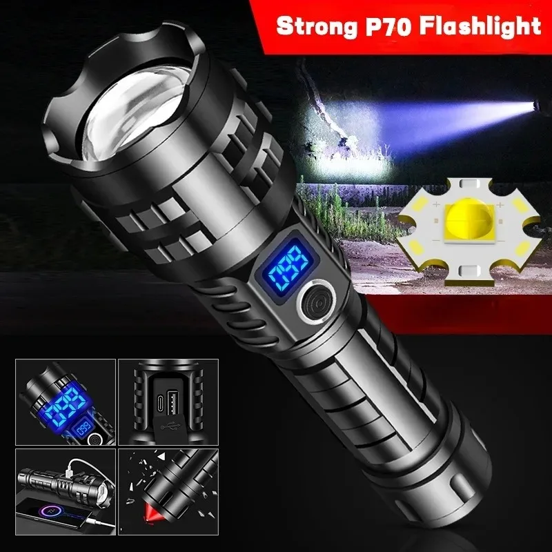 

Powerful LED Flashlight Type-C Rechargeable Zoomable Digital Display Torch with Safety Hammer Suitable for Outdoor Camping