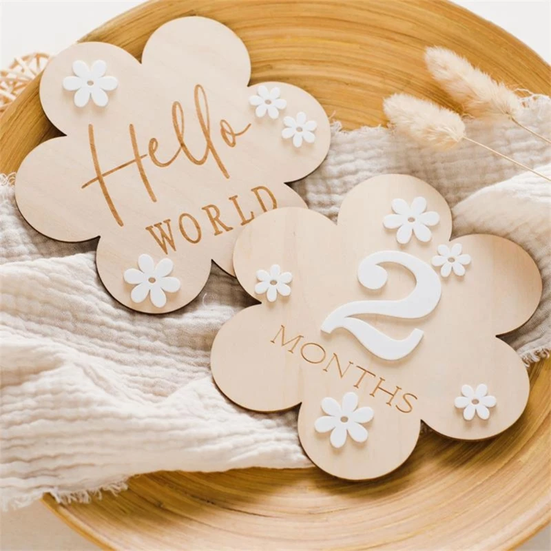 New Flower Baby Monthly Milestone Cards Wooden Newborn Growth Record Photography Card Double-sided Baby Shower Souvenir Cards