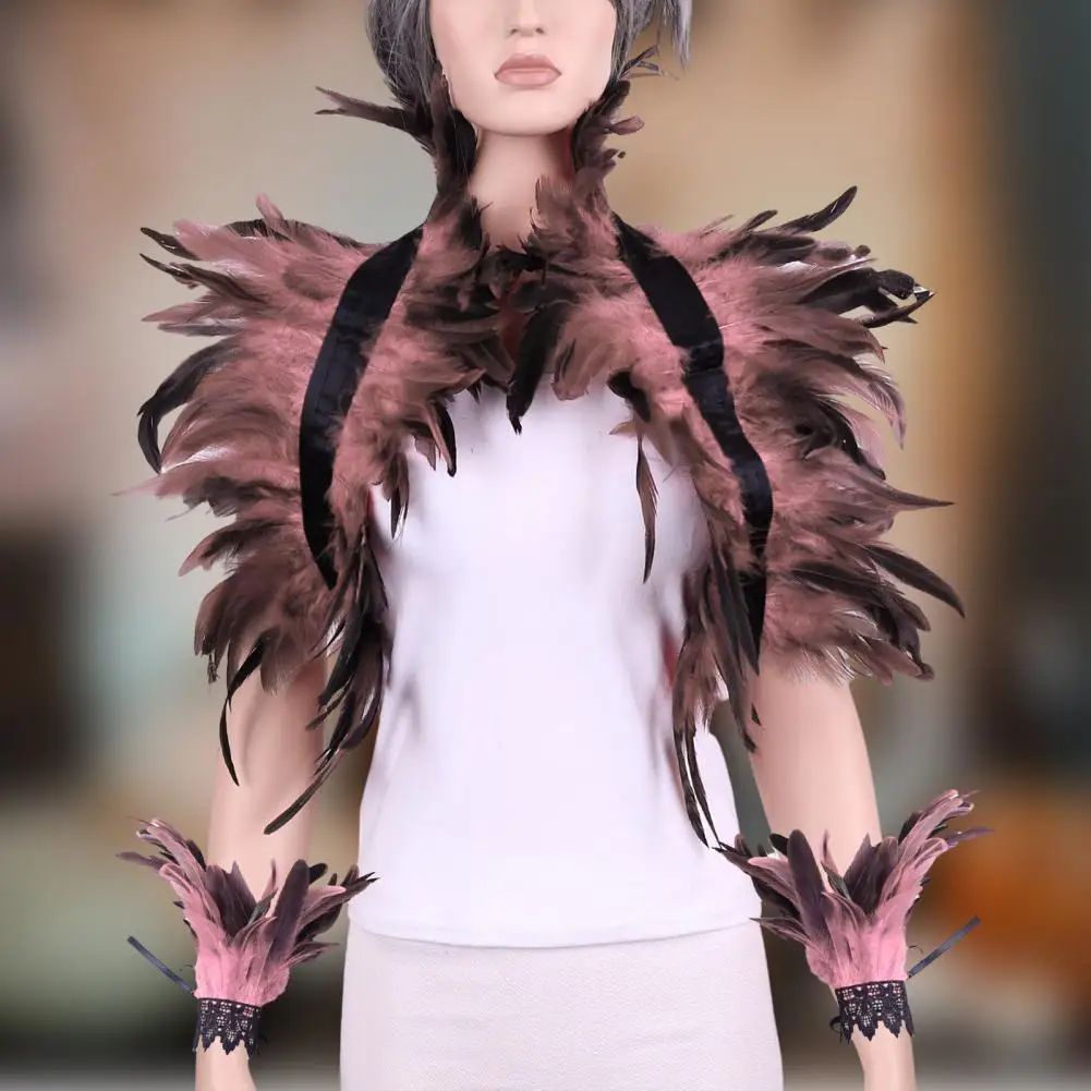 Feather Capelet Style Feather Shawl with Wrist Ring Lace Collar Set for Halloween Cosplay Unisex Model Stage Show Performance