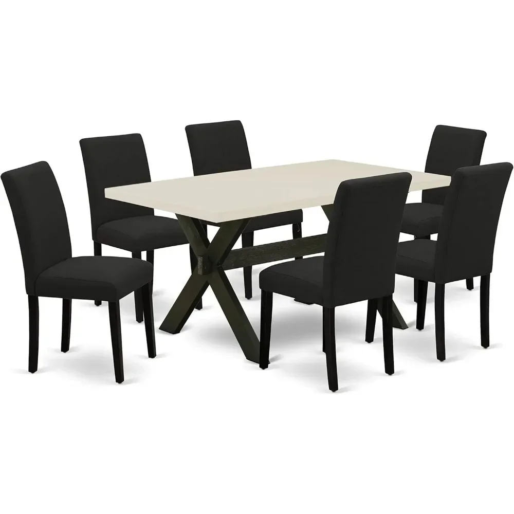 Dining Tables, 7 Piece Set Consist of A Rectangle Dining Room Table with X-Legs and 6 Black Color Linen Fabric, Dining Tables