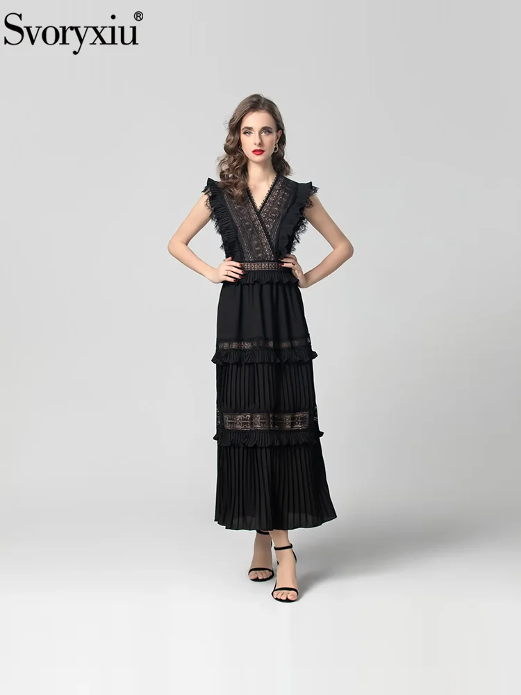 Svoryxiu Fashion Runway Summer Party Black Elegant Long Dress Women's Lace V-Neck Flounces Sleeve High Waist A-Line Long Dress