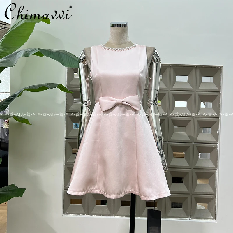 

French Elegant Sweet Socialite Birthday Party Dress Beaded Round Neck Sleeveless High Waist Bow A-line Short Dress Women Summer