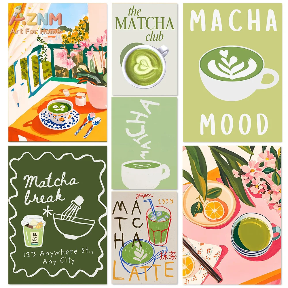 AZNM Colorful Matcha Latte Canvas Wall Art Retro Green Tea Floral Balcony Kitchen Cafe Trendy Aesthetic Unframed Canvas Decor Po