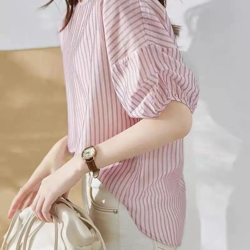 Loose Summer Women Blouse New High-quality Puff Sleeve Striped O-collar Casual All-match Lady Pullover Chiffon Shirt 2023