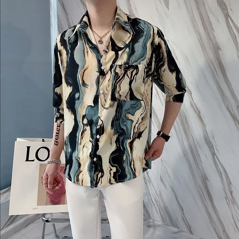 Fashion Lapel Button All-match Printed Tie Dye Gradient Shirts Men\'s Clothing 2024 Summer New Loose Casual Tops Korean Shirts