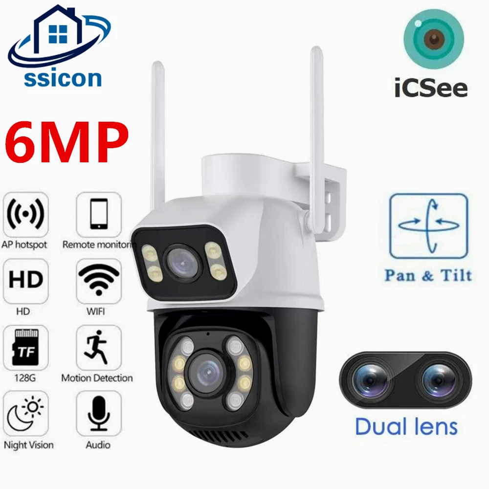 

6MP PTZ Wifi Camera Dual Lens with Dual Screen Human Detect Auto Tracking Wireless Outdoor Surveillance Camera iCSee App